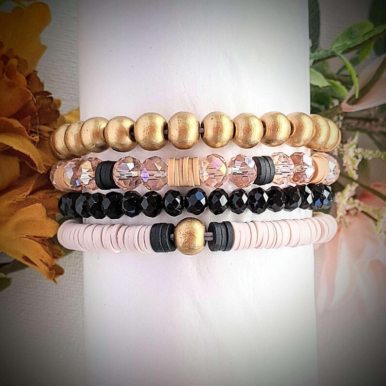 Tan & Black Stretch Bracelet Stack - - LadybugfeetDesigns -