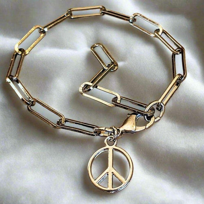 Peace Sign Gunmetal Paperclip Chain Bracelet - - LadybugfeetDesigns -