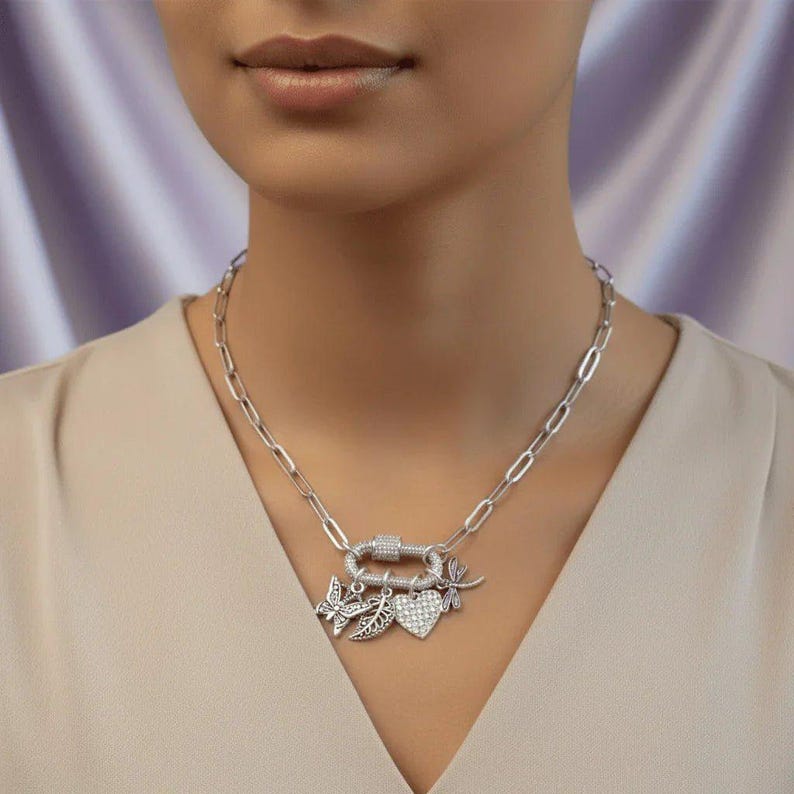 Nature & Love Carabiner Necklace, Silver - 20 inch - - LadybugfeetDesigns -