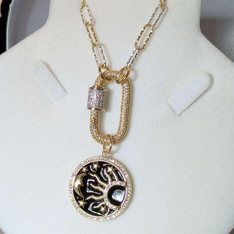 Black Enamel Celestial Pendant Carabiner Necklace, Gold/Silver - 20 inch - - LadybugfeetDesigns -