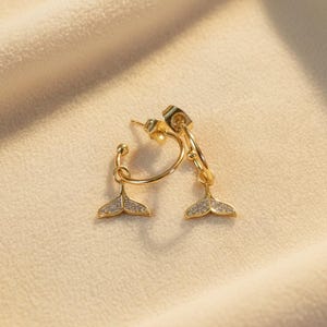 CZ Whale/Dolphin Tail Hoop Earrings, Gold - 16mm - - LadybugfeetDesigns -