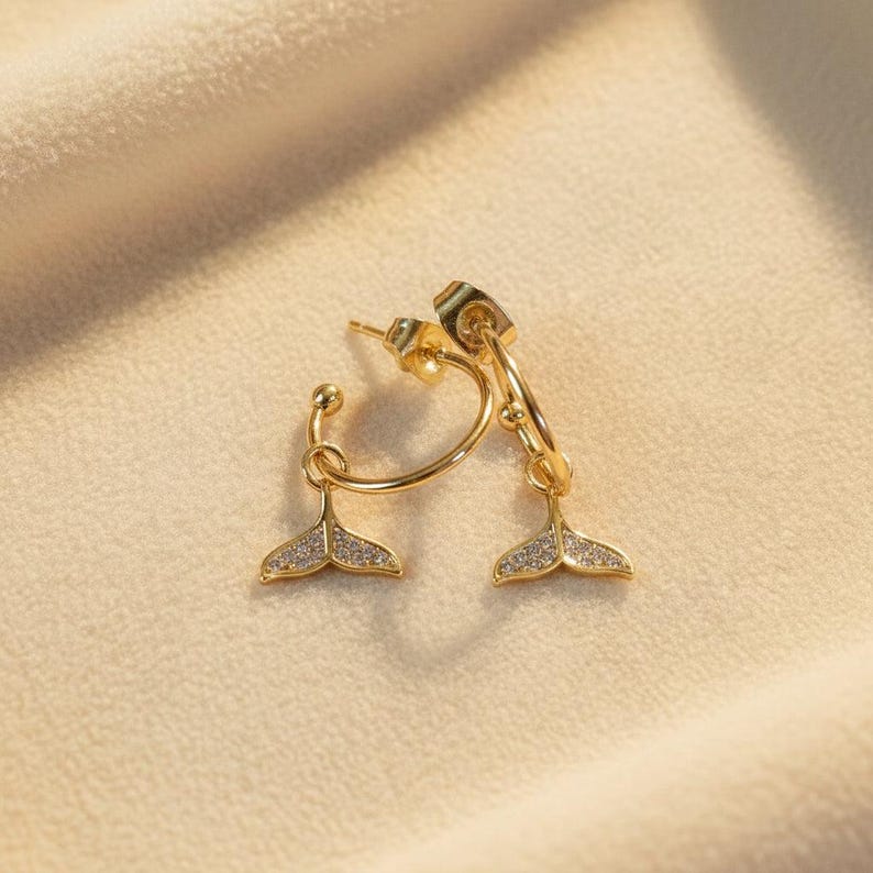CZ Whale/Dolphin Tail Hoop Earrings, Gold - 16mm - - LadybugfeetDesigns -