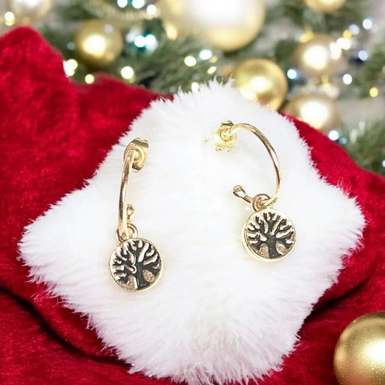 Tree of Life Gold Hoop earrings, Hoop Drop, 16mm - - LadybugfeetDesigns -