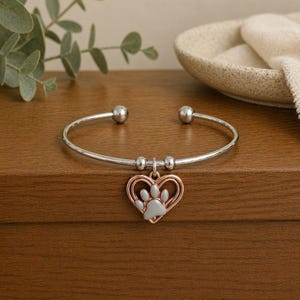 Paw Heart Euro Bangle Cuff, Silver - - LadybugfeetDesigns -