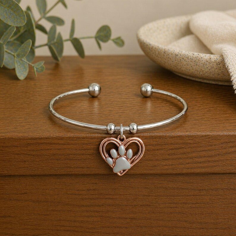 Paw Heart Euro Bangle Cuff, Silver - - LadybugfeetDesigns -