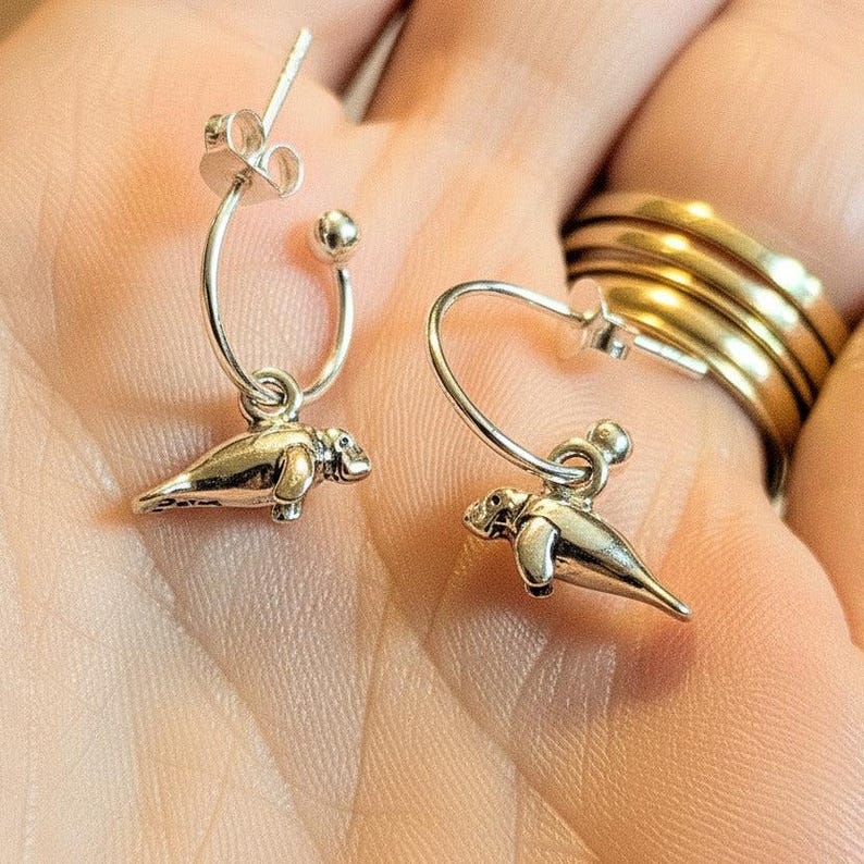 Manatee Mini Hoop Huggie Earrings, Silver- 12mm - - LadybugfeetDesigns -
