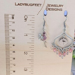 Mismatched Rhinestone Flamingo hook earrings - - LadybugfeetDesigns -