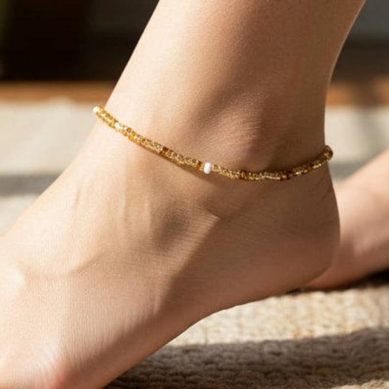 Beaded Stretch Cord Anklet-Beach Tan - - LadybugfeetDesigns -