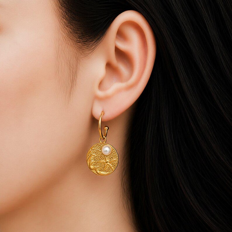 Sandy Beach Pearl hoop earrings, Gold - 16mm - - LadybugfeetDesigns -