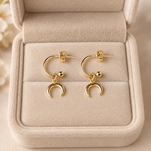 Downward Crescent Moon Mini Hoop Huggie Earrings, Gold- 12mm - - LadybugfeetDesigns -