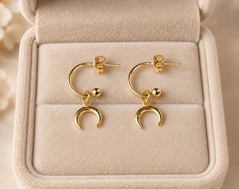 Downward Crescent Moon Mini Hoop Huggie Earrings, Gold- 12mm