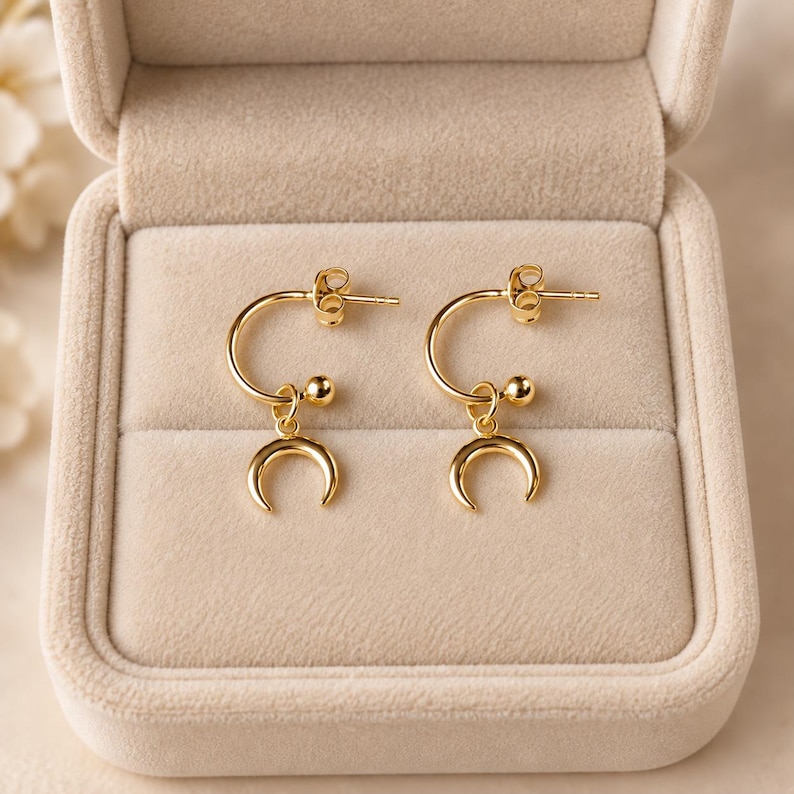 Downward Crescent Moon Mini Hoop Huggie Earrings, Gold- 12mm - - LadybugfeetDesigns -