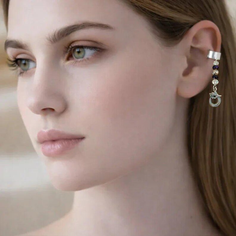 Silver Dragon Crystal Ear Cuff - - LadybugfeetDesigns -