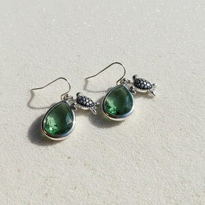 Sea Glass, Sea Turtle Crystal Dangle Earrings - - LadybugfeetDesigns -