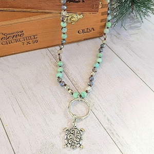 Sea Turtle Semi-Precious Gemstone Necklace - 36 inch - - LadybugfeetDesigns -