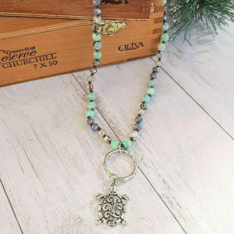 Sea Turtle Semi-Precious Gemstone Necklace - 36 inch - - LadybugfeetDesigns -