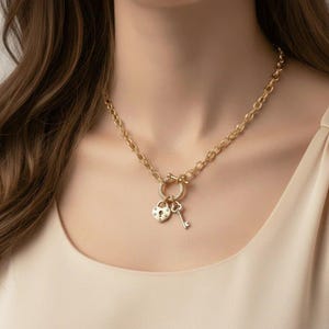 Heart Lock and Key Shackle Clasp Carabiner Necklace, Gold - Adjusts up to 20 inches - - LadybugfeetDesigns -