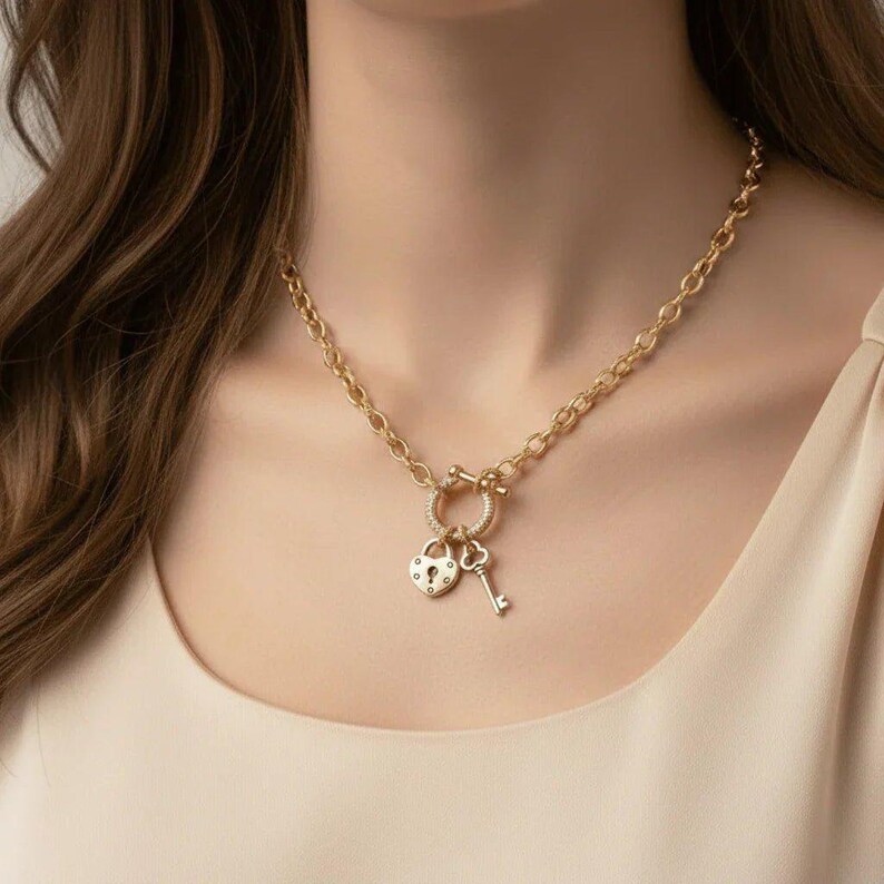 Heart Lock and Key Shackle Clasp Carabiner Necklace, Gold - Adjusts up to 20 inches - - LadybugfeetDesigns -