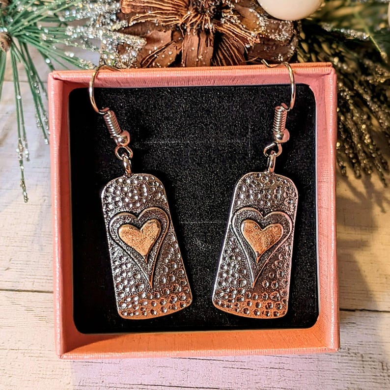 Two-Tone Heart Tag Dangle Earrings - - LadybugfeetDesigns -