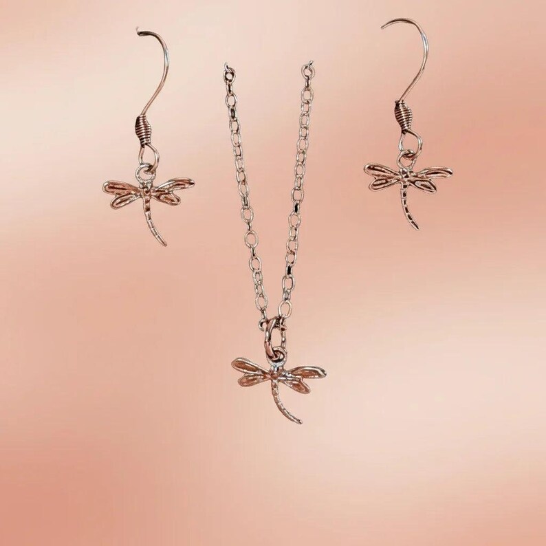 Dragonfly Rose Gold necklace/earrings set, 18 inch - - LadybugfeetDesigns -
