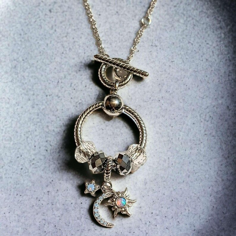 Moon Sun Star Sterling Silver Toggle Charm Necklace, 20 inches - - LadybugfeetDesigns -