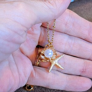 Pearl Clam Shell Starfish Crystal charm necklace and Earring set, Gold - - LadybugfeetDesigns -