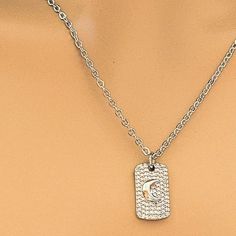 CZ Crescent Moon Tag Necklace, Silver - 20 inch - - LadybugfeetDesigns -