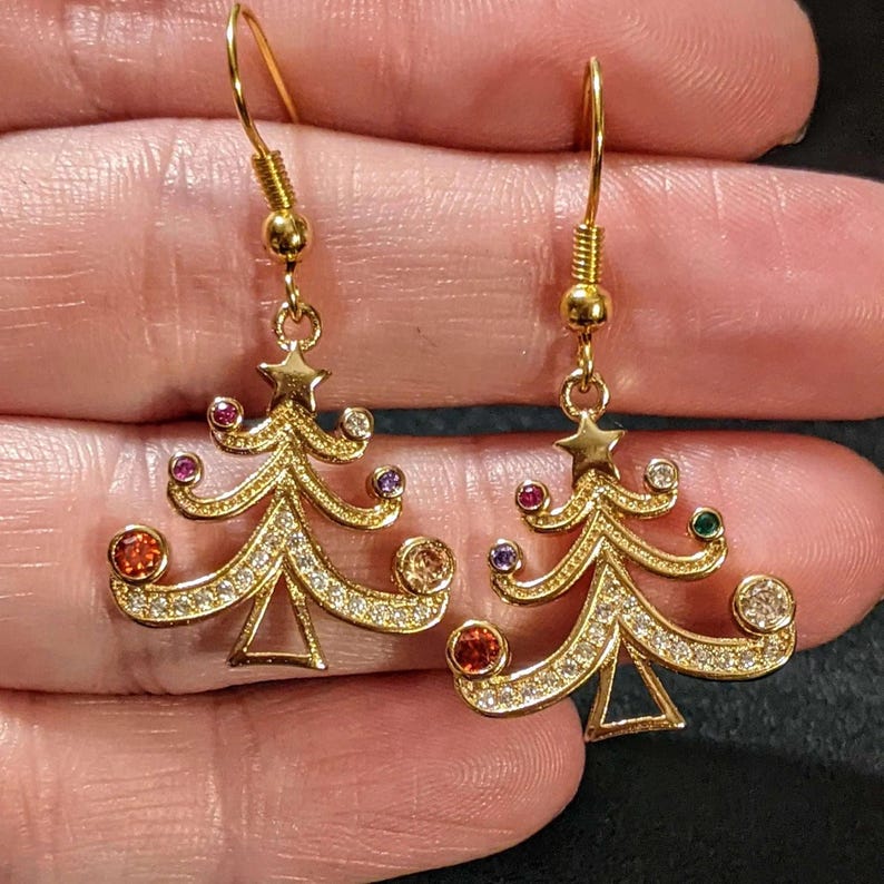 Rhinestone Christmas Tree dangle earrings - - LadybugfeetDesigns -