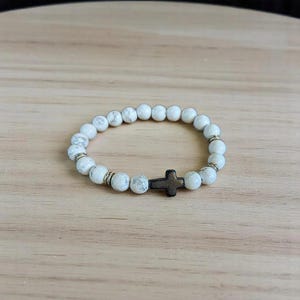 White Gray Beaded Cross Stretch Bracelet-UNISEX - - LadybugfeetDesigns -