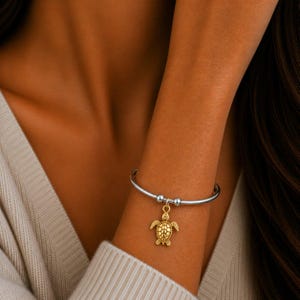 Two Tone Sea Turtle Euro Bangle Cuff, Silver - - LadybugfeetDesigns -
