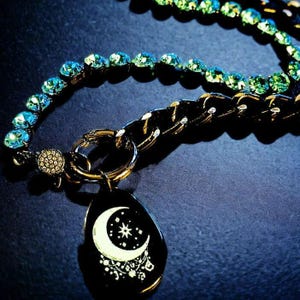 Black and Crystal Crescent Moon Snap Ring Necklace - 24 inch - - LadybugfeetDesigns -