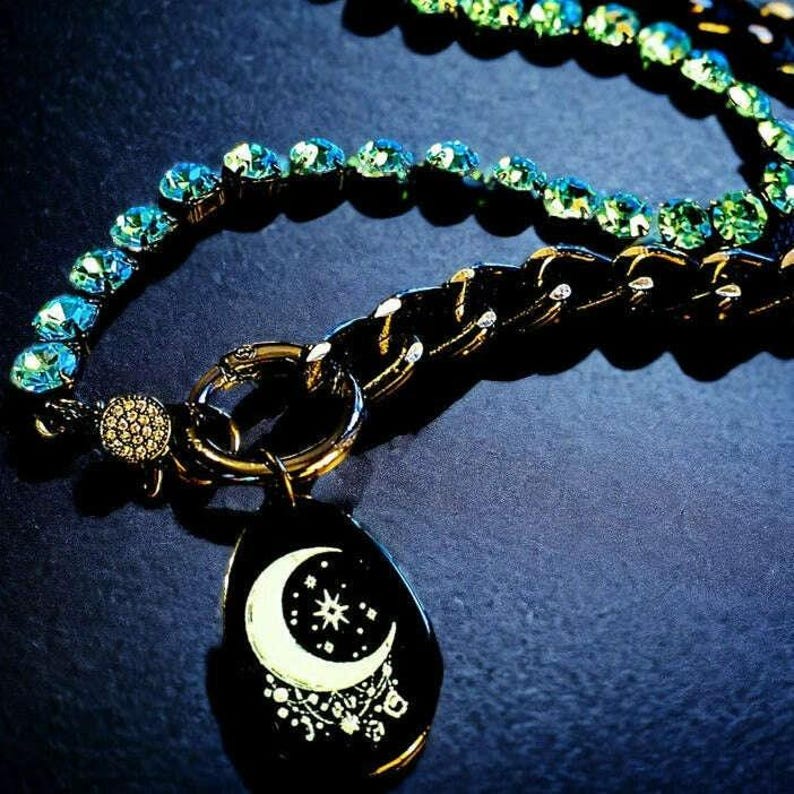 Black and Crystal Crescent Moon Snap Ring Necklace - 24 inch - - LadybugfeetDesigns -