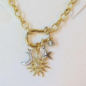 Gold CZ Sun and Silver Moon and Star Shackle Clasp Carabiner Necklace, Gold - 20 inch - - LadybugfeetDesigns -