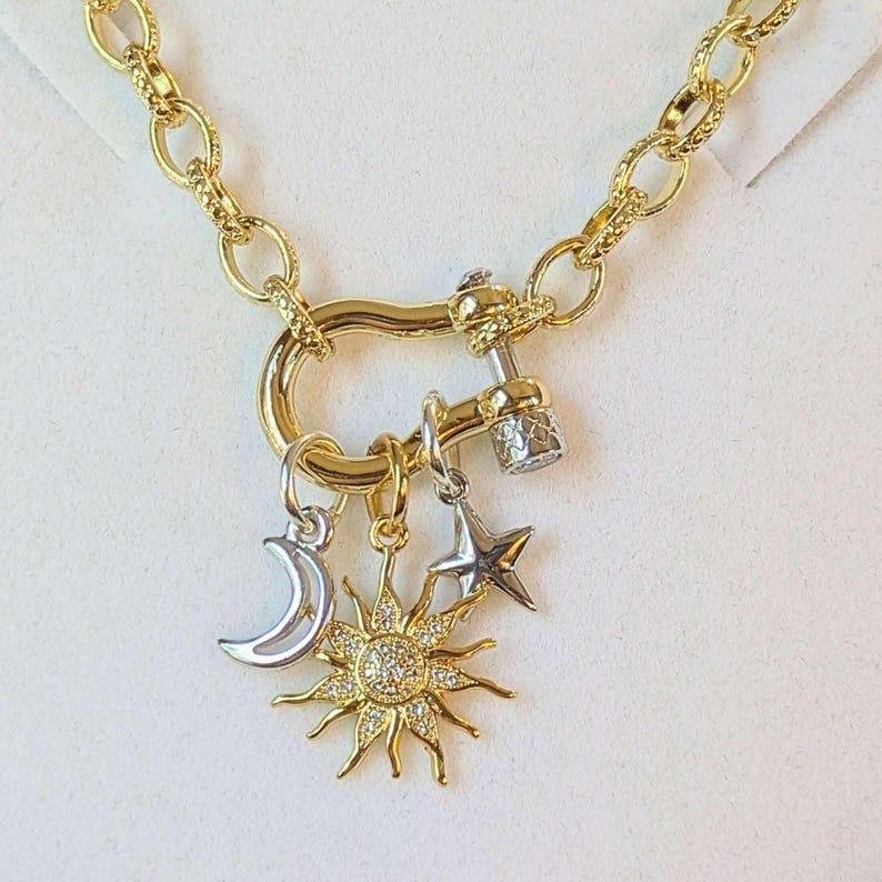 Gold CZ Sun and Silver Moon and Star Shackle Clasp Carabiner Necklace, Gold - 20 inch - - LadybugfeetDesigns -