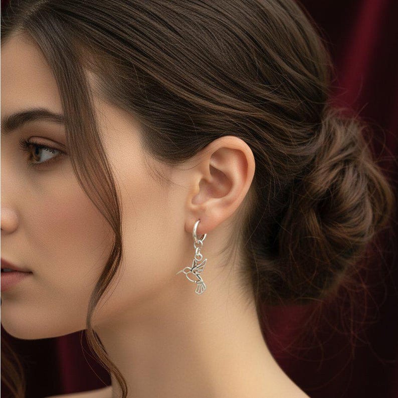 HUMMINGBIRD Hoop Earrings,Silver - 12mm - - LadybugfeetDesigns -