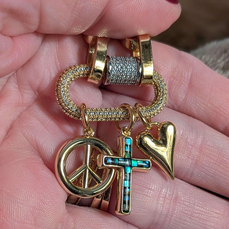 Peace & Love Carabiner Necklace, Gold - Adjusts up to 20 inches - - LadybugfeetDesigns -