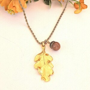 Moonstone Acorn Oak Leaf Necklace, Gold - - LadybugfeetDesigns -