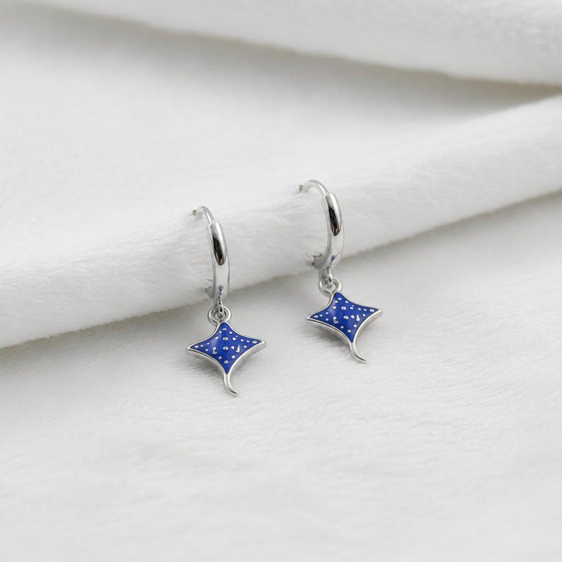 Blue Stingray Earrings, Silver Hoop - 15mm - - LadybugfeetDesigns -