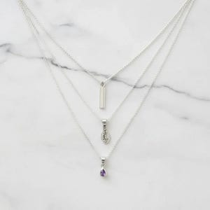 Silver Bar Amethyst Initial Leaf Layered Necklace Set, Silver - - LadybugfeetDesigns -