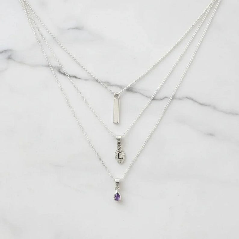 Silver Bar Amethyst Initial Leaf Layered Necklace Set, Silver - - LadybugfeetDesigns -