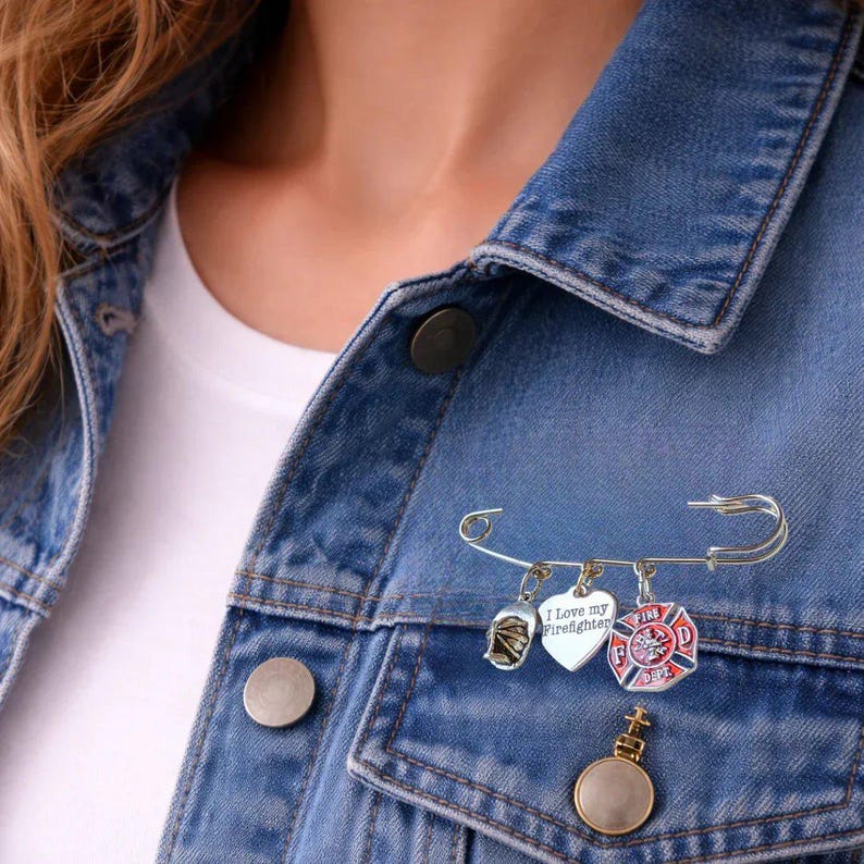 I Love My Firefighter Safety Pin Brooch, Purse Charm - - LadybugfeetDesigns -