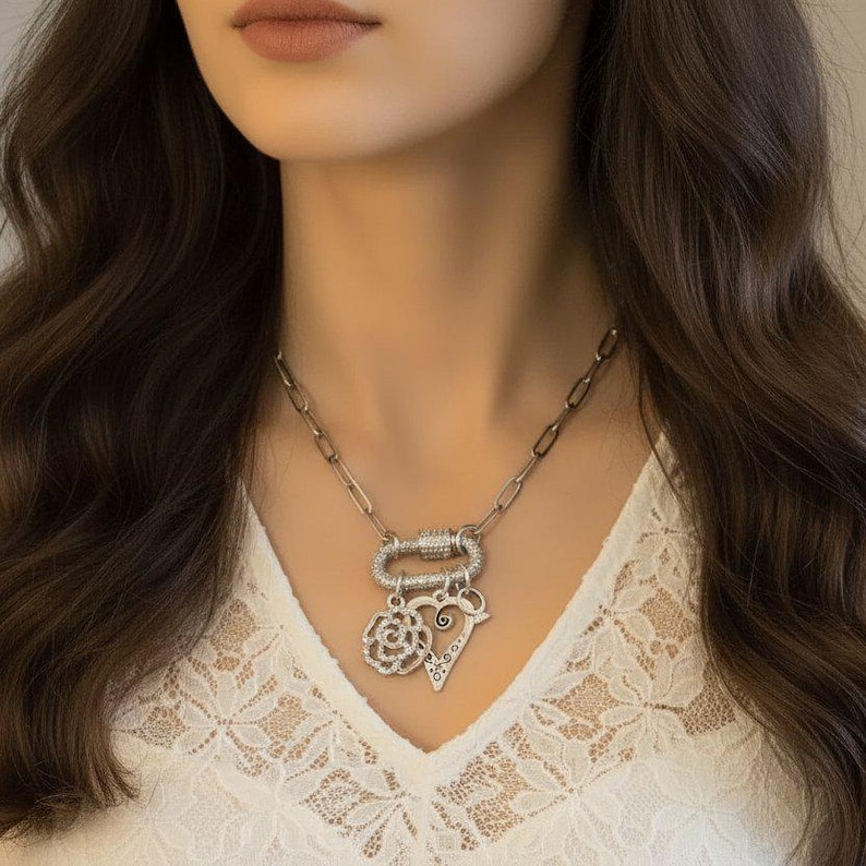 Romantic Rose, Heart, Diamond Ring Carabiner Necklace, Silver - 20 inch - - LadybugfeetDesigns -