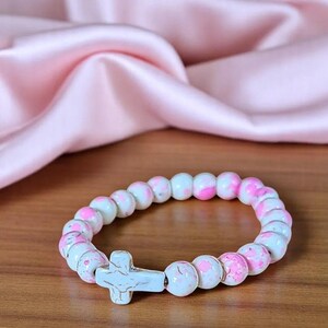 Pink Ivory Beaded Cross Stretch bracelet - - LadybugfeetDesigns -