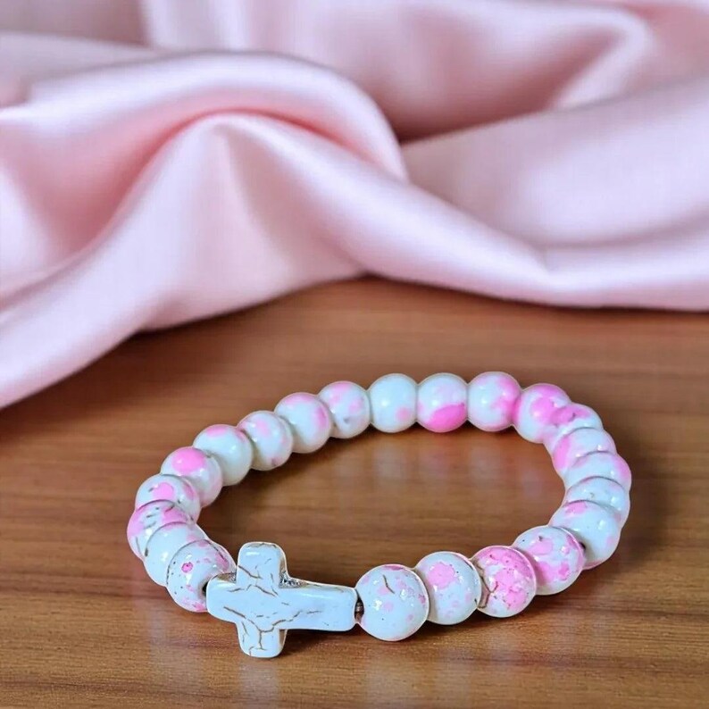 Pink Ivory Beaded Cross Stretch bracelet - - LadybugfeetDesigns -