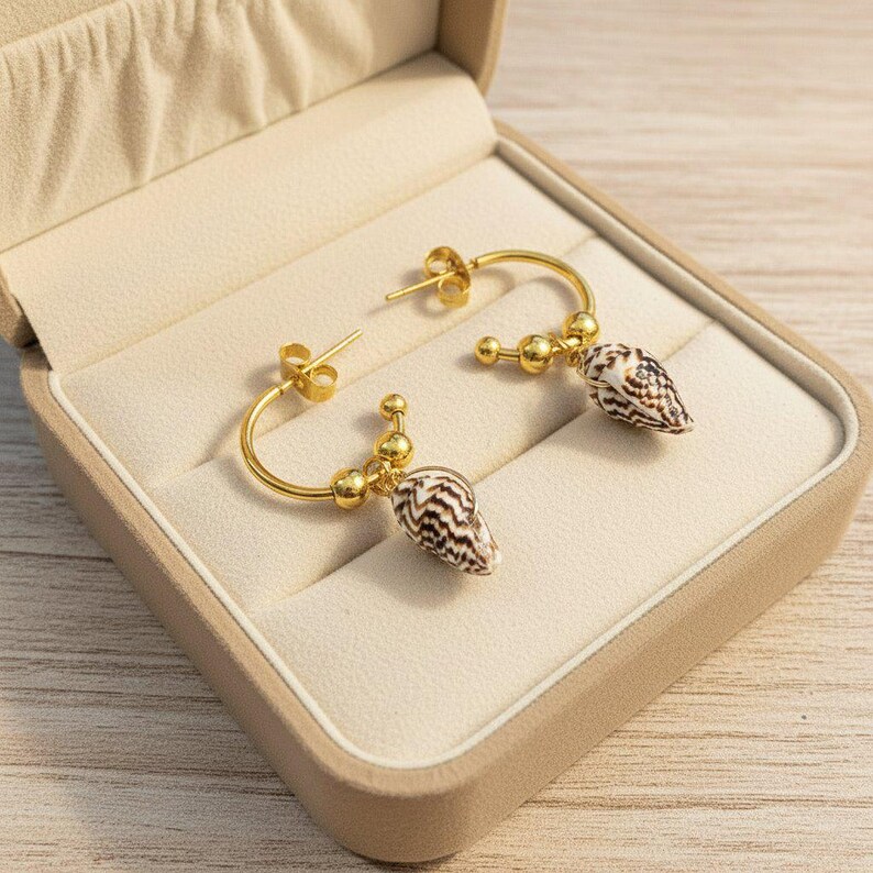 Genuine Conch Shell II Hoop Earrings, Gold - 16mm - - LadybugfeetDesigns -