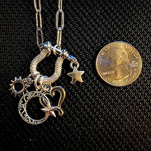 Celestial Crescent Moon and Heart Shackle Clasp Carabiner Necklace, Silver - 20 inch - - LadybugfeetDesigns -