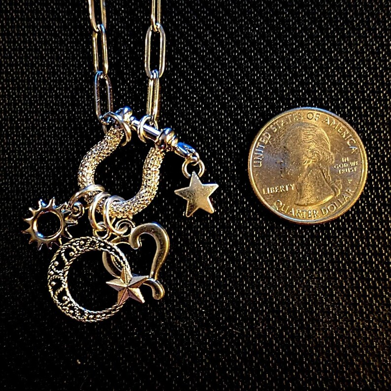 Celestial Crescent Moon and Heart Shackle Clasp Carabiner Necklace, Silver - 20 inch - - LadybugfeetDesigns -