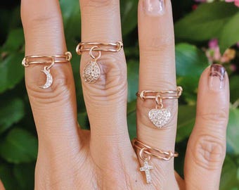 DESIGN YOUR Charm Ring, Adjustable Rose-Gold Filled charm dangle ring