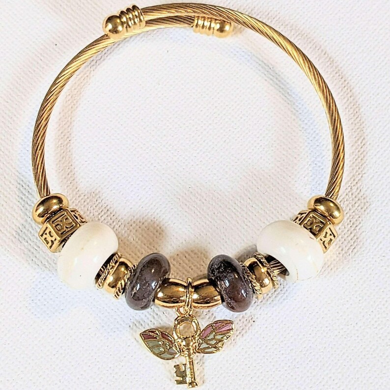 Winged Key Euro Cuff Wrap Bracelet, Gold - - LadybugfeetDesigns -