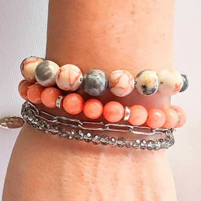 Peach Dream Crystal Beaded layered cuff bracelet - - LadybugfeetDesigns -